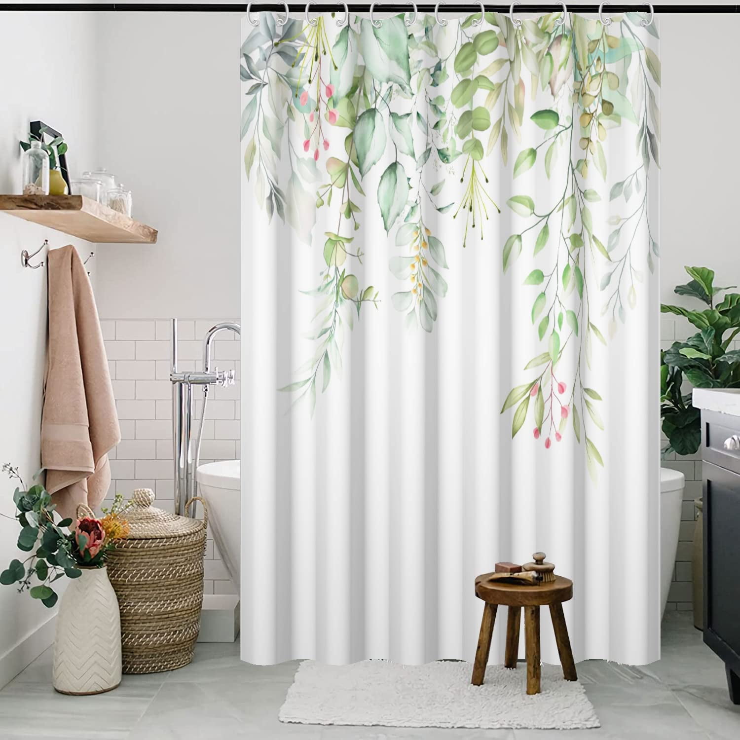Eucalyptus Shower Curtain Watercolor Green Leaves Shower Curtain for Bathroom Summer Tropical