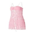 thumbnail image 4 of Women Spaghetti Strap Mesh Sling Dress Ruched Layered Tie Bow Tiered See Through Tulle Backless Ruffle Party Dress, 4 of 6