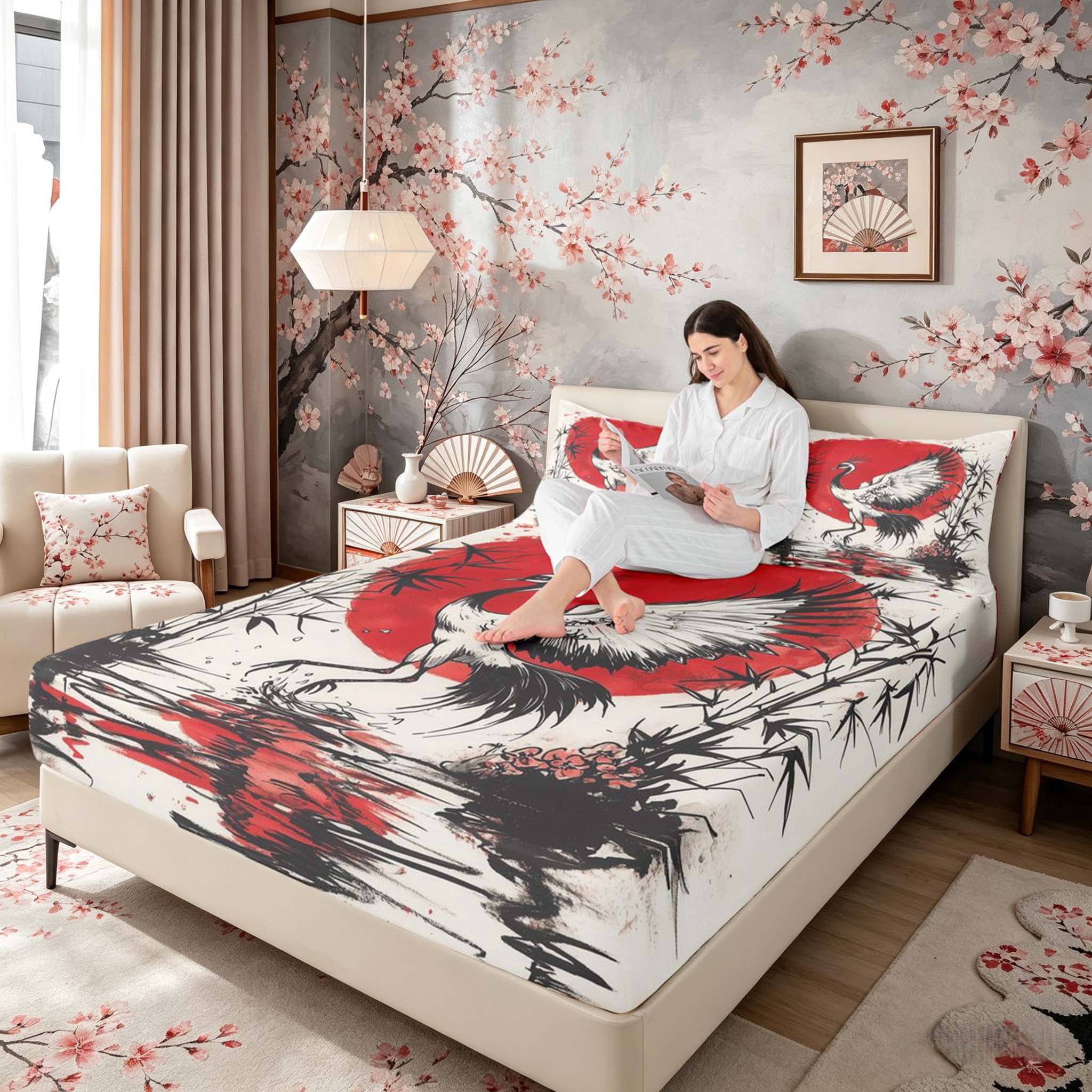 Manfei Ink Red Sun Crane Queen Sheet Sets for Girls, Bamboo Water Bed Set, Black Red White 4-Piece, 1 Flat Sheet, 1 Fitted Sheet and 2 Pillowcases