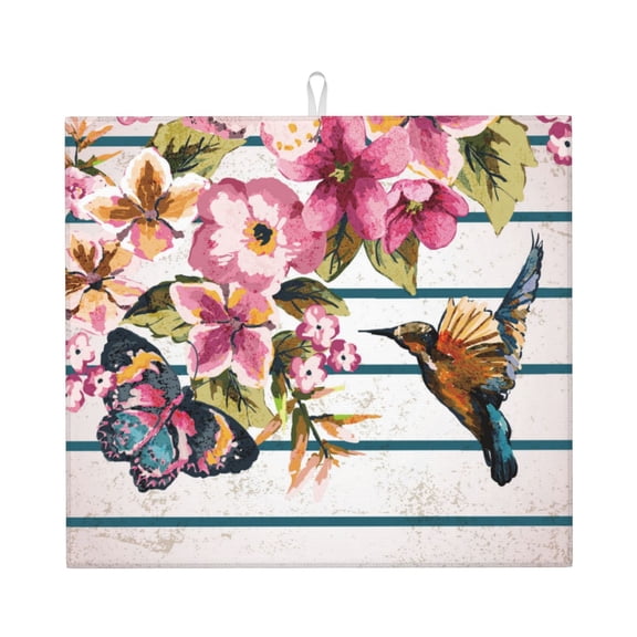 Honeii Bird and Floral for Dish Drying Mat for Kitchen Counter, Non-slip Rubber Backed, Hide Stain Kitchen Super Absorbent Draining Mat, Dish Rack Pad