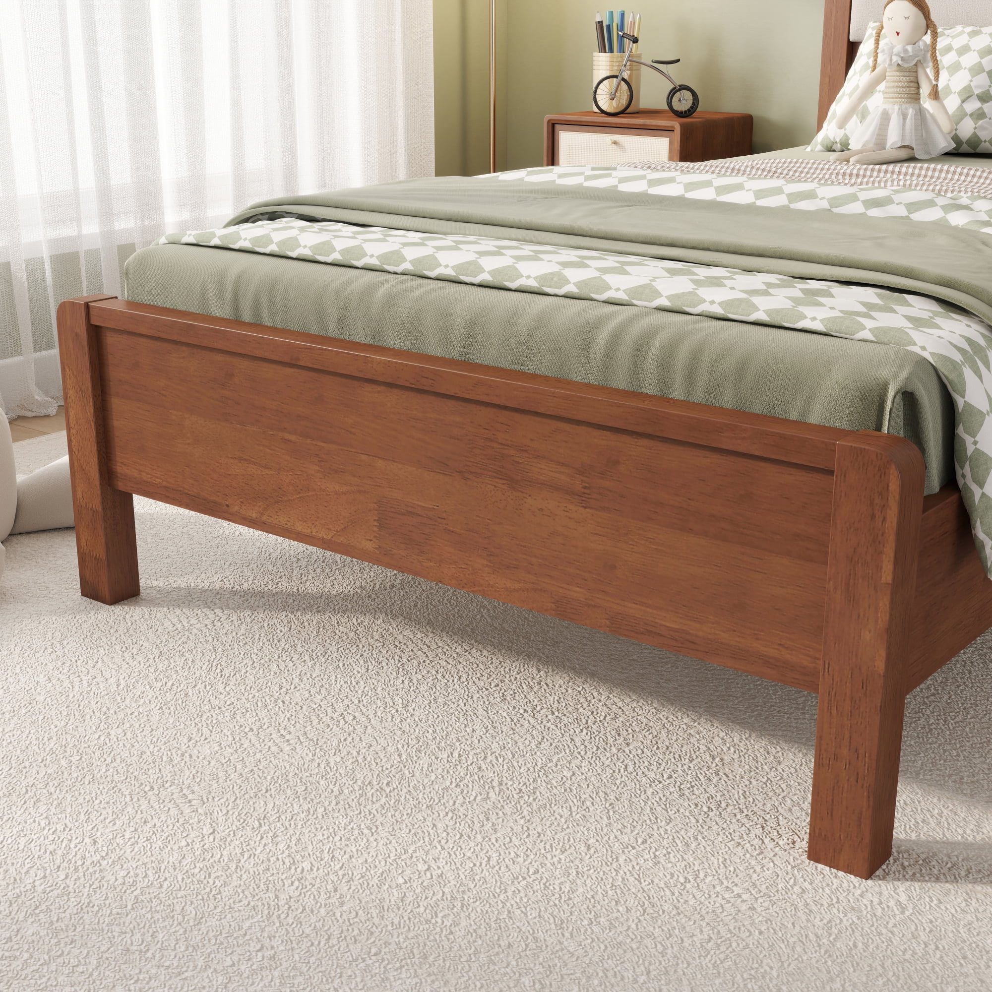 HOQBN Twin XL Solid Rubberwood Bed Frame with Upholstered Headboard, Reinforced Central Support Legs for Bedroom Brown