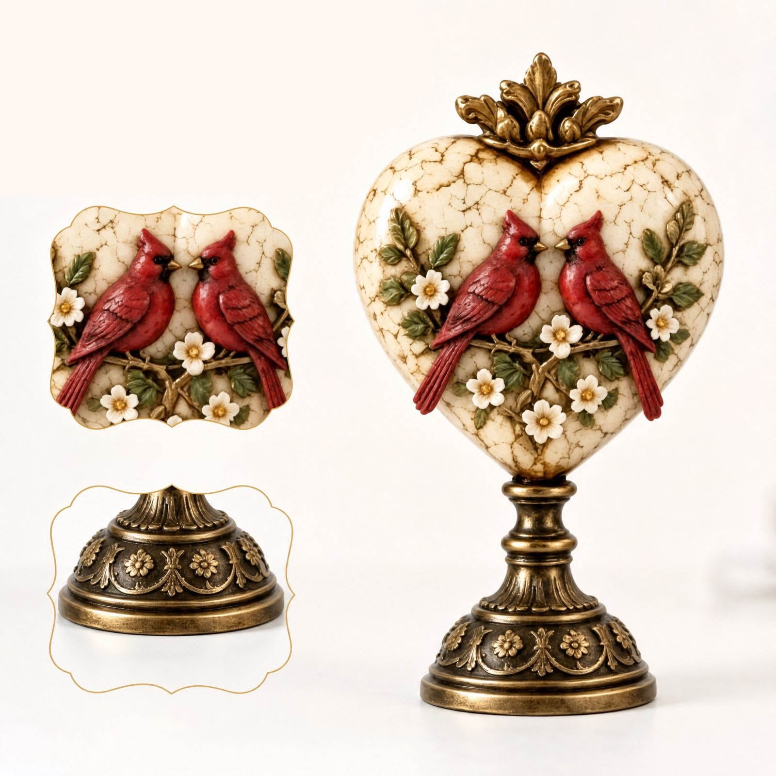 Heart Shaped Cardinal Figurine Table Lamp Resin Red Bird Statue with Floral Pattern Vintage Desktop Ornament for Home Decor & Holiday Gift 9.06in