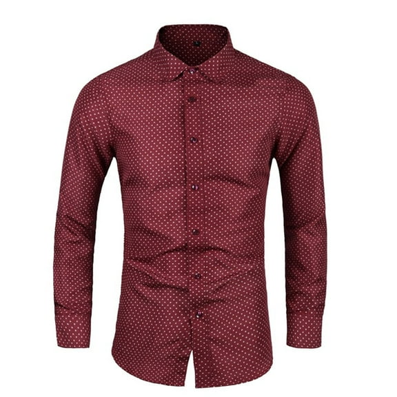 WREESH Men's Dress Shirts with Button Down Collar Long Sleeve Polka Dot Shirts for Men's Formal Pocketless Printed Tops Red