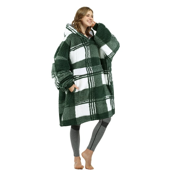 Catalonia Oversized Blanket Hoodie Sweatshirt, Fleece Hooded Lounging Pullover with Giant Pocket, Birthday Gifts Christmas Gifts, Pink Plaid