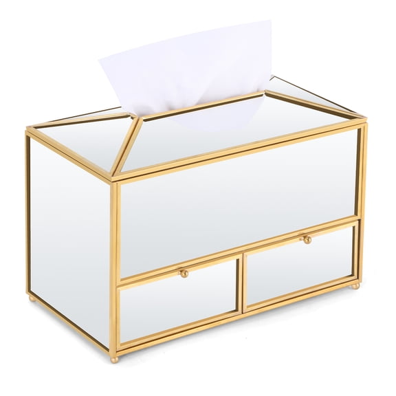 Luxury Gold-Trimmed Glass Tissue Box Cover - Rectangular Dispenser for Bathroom, Living Room, Bedroom, Desktop & Bar Decor | Multi-Surface Home Office Accessory