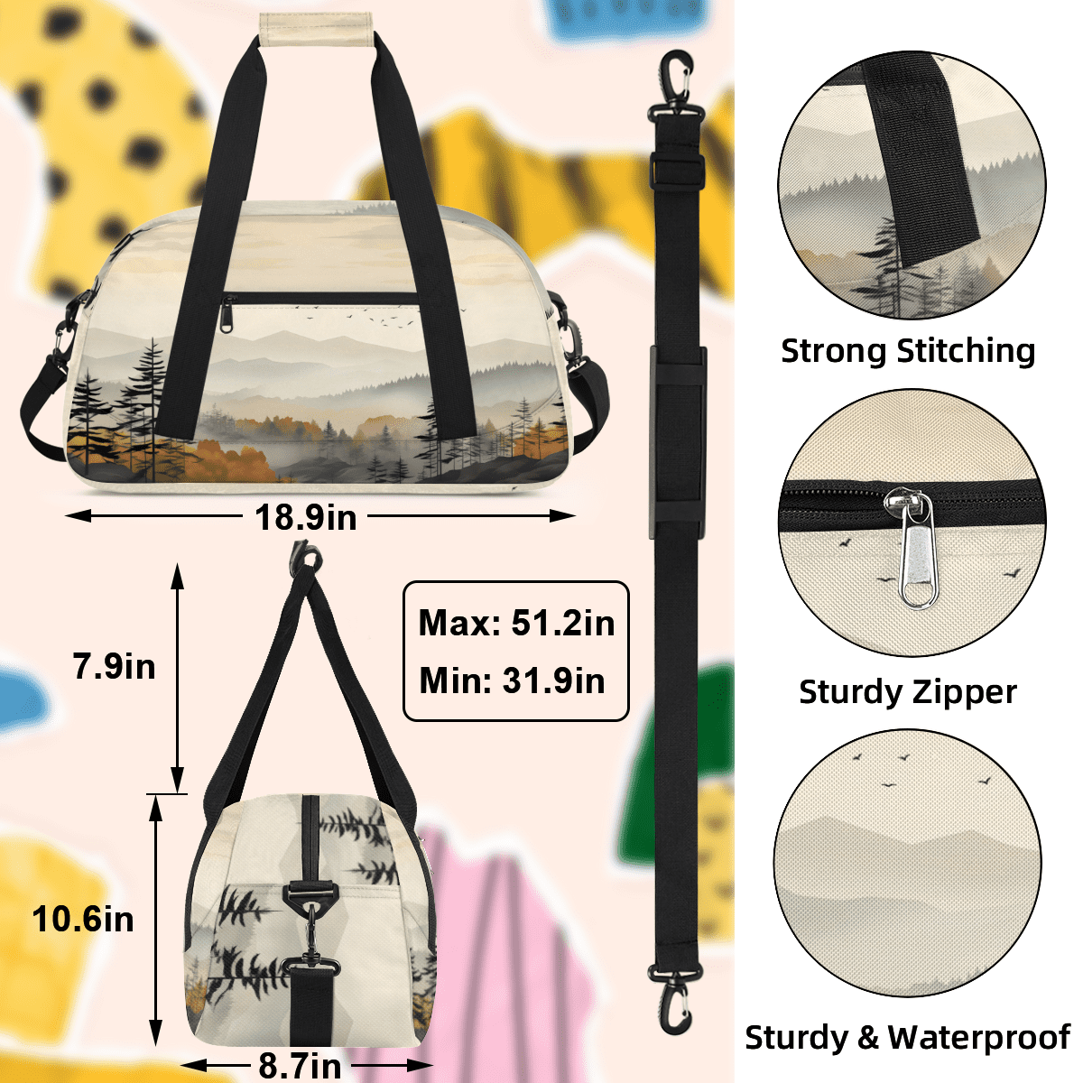 Herdesigns Forest Sports Duffle Bag for Women & Men, Watercolor Misty Forest Gym Bag Dance Bag Overnight Bag Carry On Weekender Travel Bag