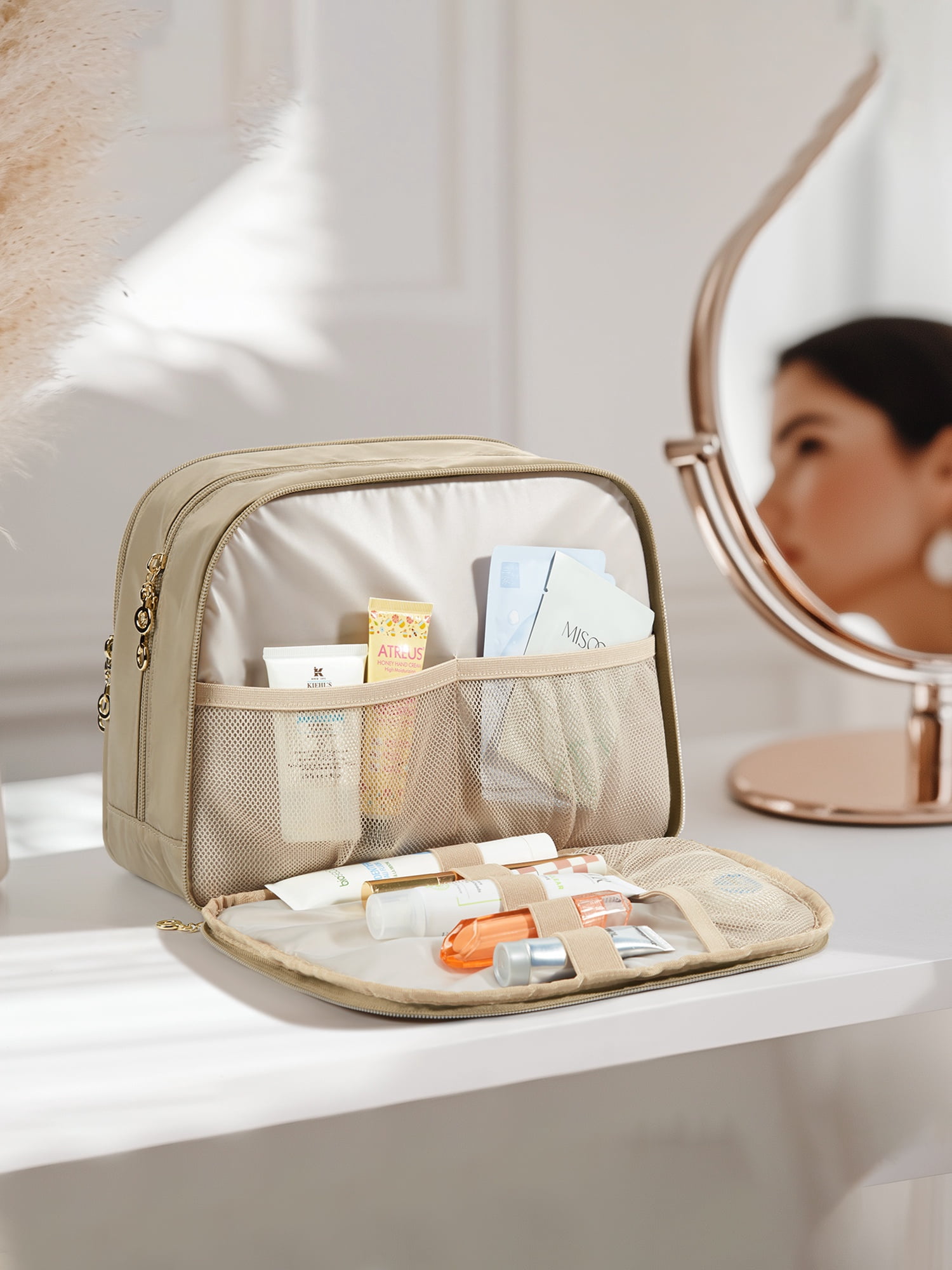 Bagsmart Unisex Large Size Travel Toiletry Bag with Handle, Wide-open Makeup Cosmetic Bag for Travel Toiletries, Organizer for Women and Men, Tan