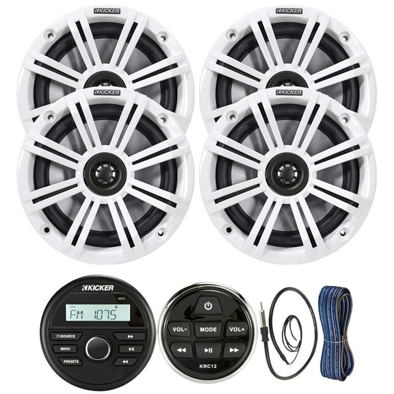 Kicker Weather-Resistant Gauge Style Bluetooth Marine Digital Media Receiver Bundle with Wired Remote, 4x 6.5" 2-Way 195W Max Coaxial Marine Speakers w/ White Grilles, 16-Gauge Wire, 22" Antenna