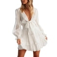thumbnail image 3 of DYMADE Women Plus Size V-Neck Long Sleeve Solid Color Lace Up A-line Dress, 3 of 4