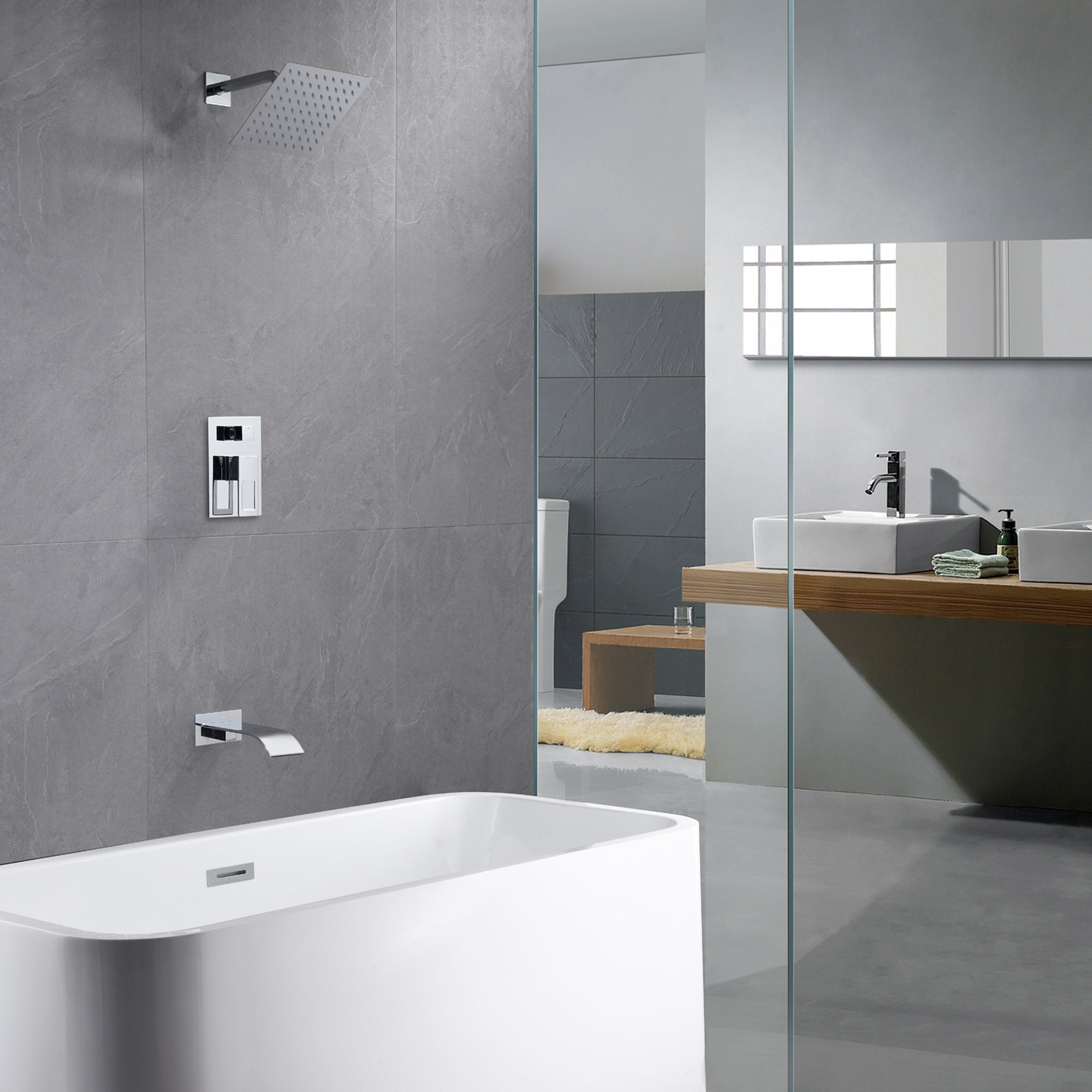 Sumerain Tub and Shower Faucet with Waterfall Tub Spout, Anti-scalding Pressure Balance Valve, Chrome Finish