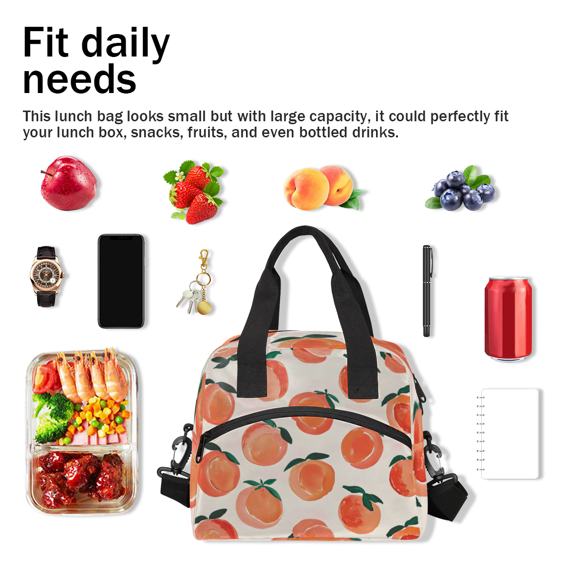 Herdesigns Peach Insulated Lunch Bag for Women Men Adults Large Reusable Lunch Box Cute Fruit Leakproof Cooler Tote Bags with Adjustable Shoulder Strap