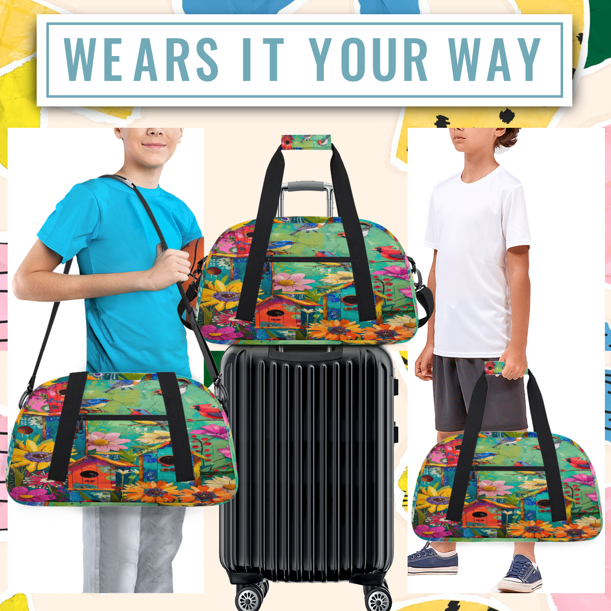 Herdesigns Sports Duffle Bags Travel Duffle Bag Gym Bag Colorful Birdhouses Garden Birds Weekender Travel Bag Waterproof Overnight Bag Carry On Travel Tote Bag Dance Bags