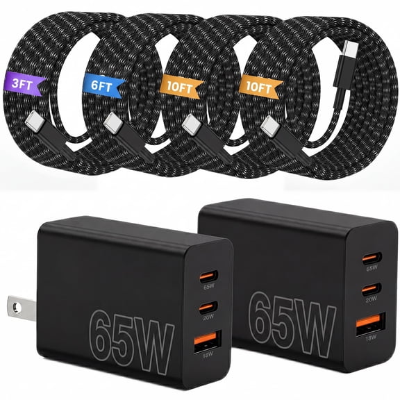 65W Super Fast Charger Type C for Samsung S26 Ultra,3 Port 100W PD Quick Charging 3.0 USB C Phone Andriod Charger Block & 3/6/10/10FT Braided Cord Compatible with Samsung Galaxy S26/S25 Ultra/S24