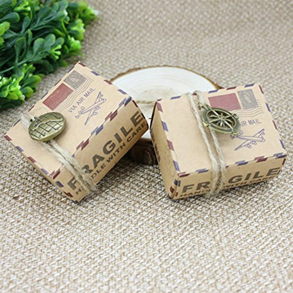 Niceauty Party Favors Box for Guests 50Pcs Multi Colored Vintage Airmail Design Wedding Treat Boxes with Compass