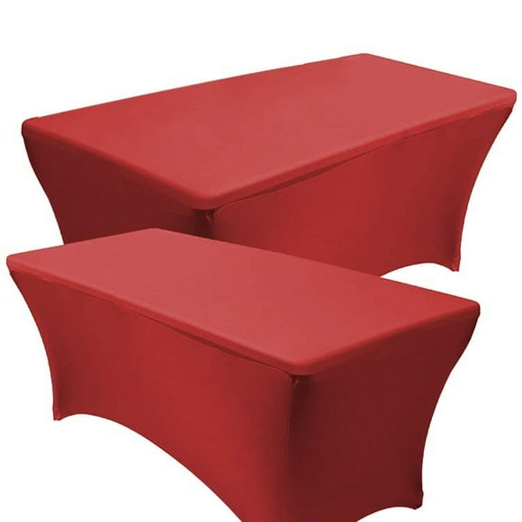 Reliancer 2 Pack 8Ft Rectangular Spandex Table Cover Four-Way Tight Fitted Stretch Tablecloth Table Cloth For Outdoor Party Dj Tradeshow Banquet Vendor Wedding Celebration (2Pc 8Ft Red)