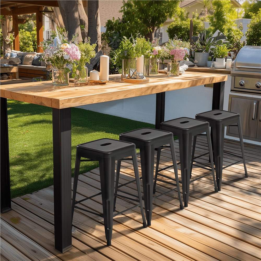 Alden Design 24" Stackable Metal Bar Stools Counter for Indoor/Outdoor, Set of 4, Black