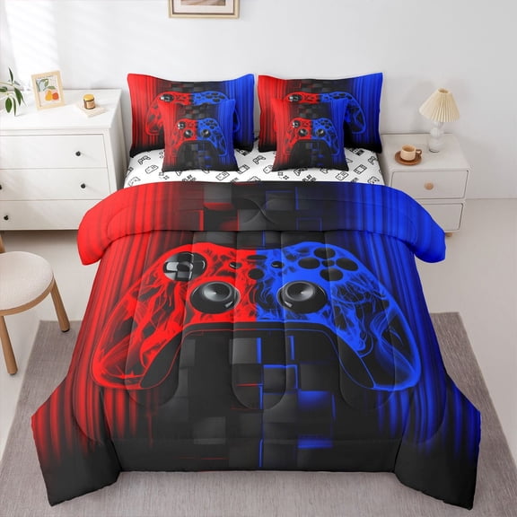 Castle Fairy Futuristic Cubes Gamepads Twin Bedding Sets,Gamer Bedding Comforter Set
