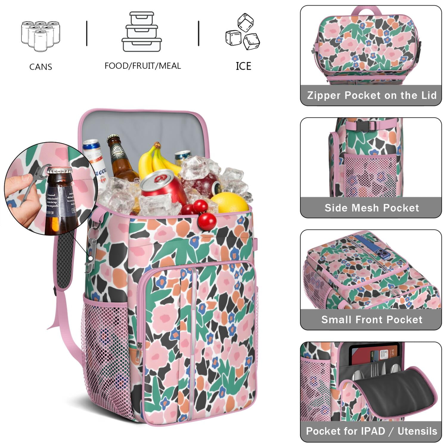 Travel Cooler Bag - Pioneer Flower Floral Print Pattern Camping Beer Cooler Backpack with Bottle Opener- Waterproof Insulated Picnic Backpacks - Cooler Bag for Beach