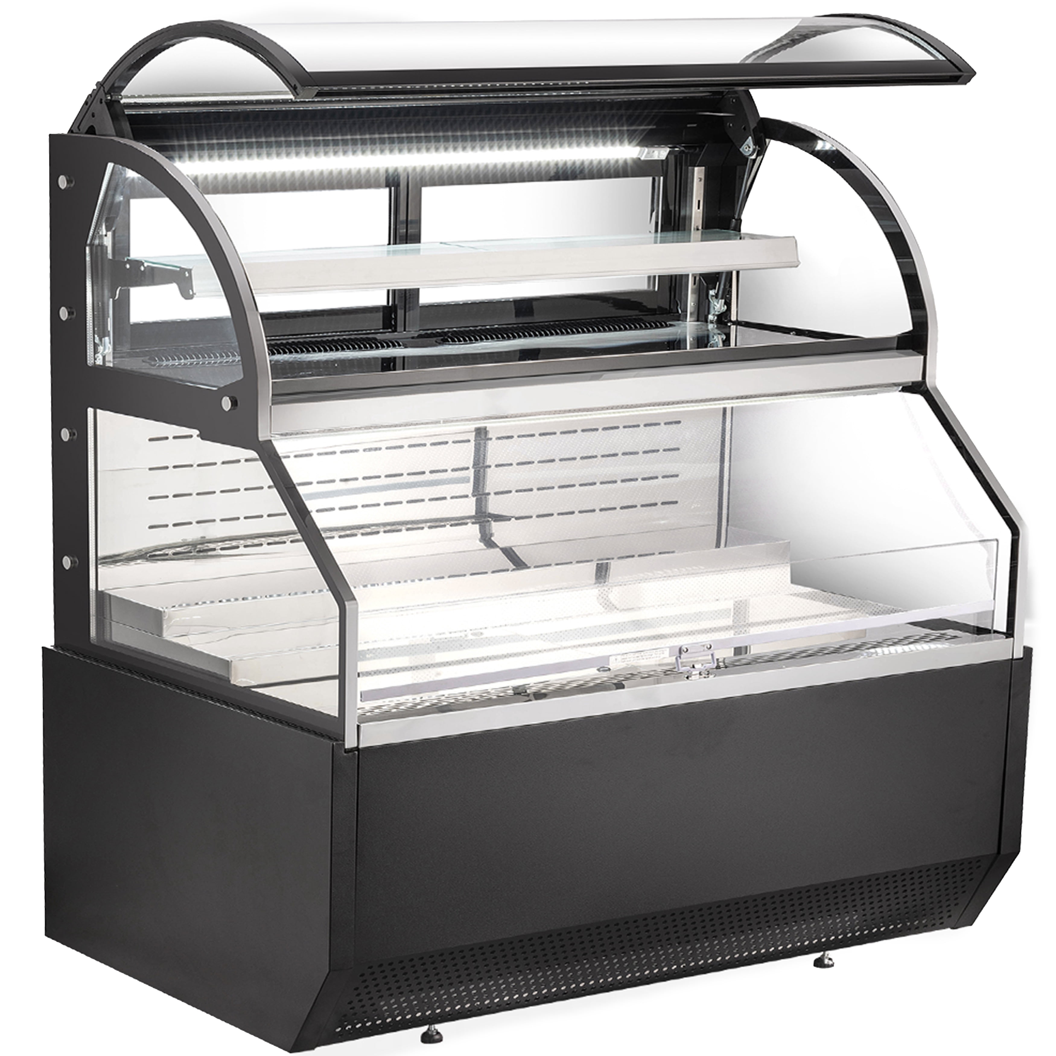 NSF 60 in. Commercial Open Air Refrigerator 20 Cu.Ft. Refrigerated Curved Glass Door Bakery Display Case Double Deck Deli Meat Show Case