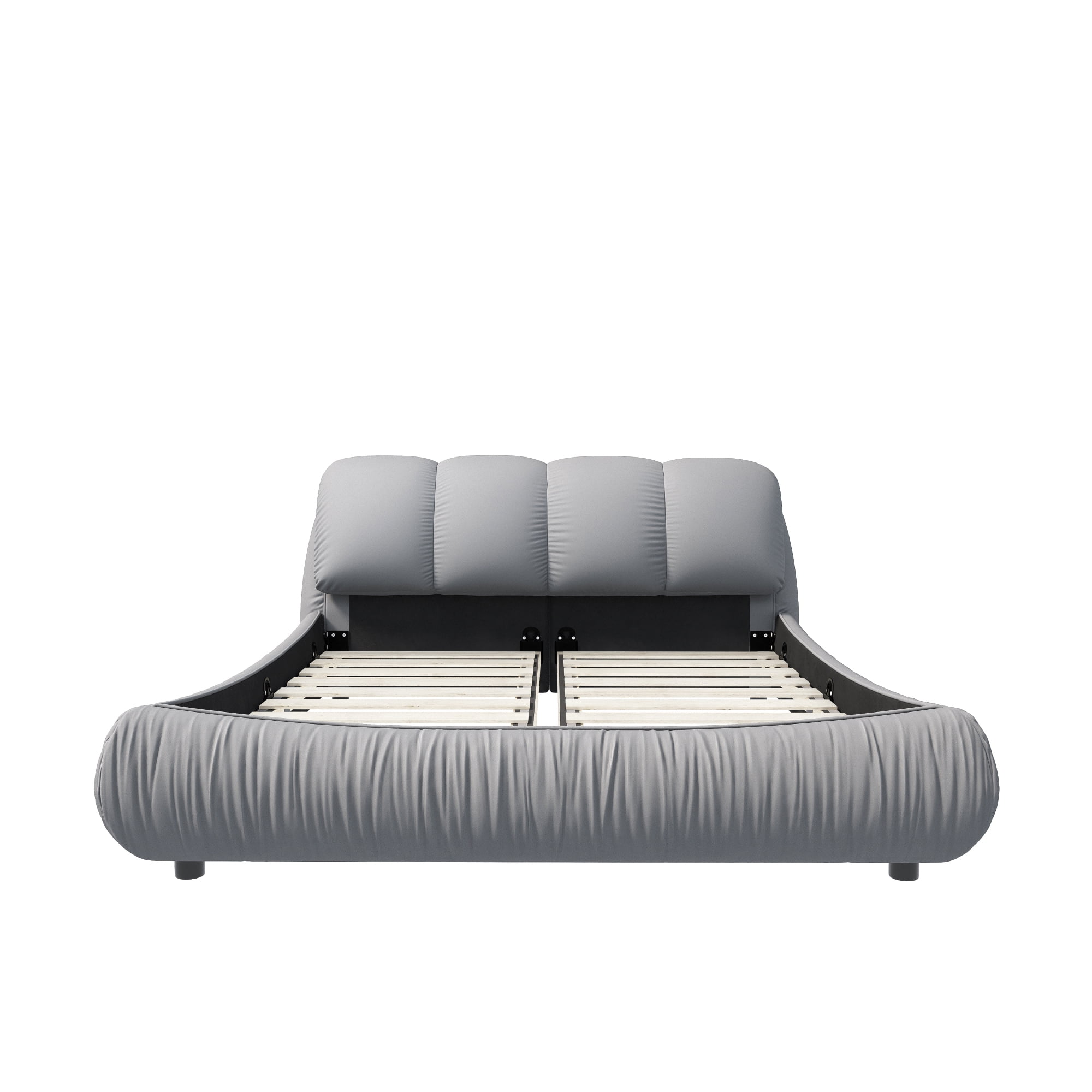 King Size Upholstered Platform Bed with Oversized Padded Backrest, Luxury Low Profile Bed with Solid Wood Frame and Slats Support for Bedroom