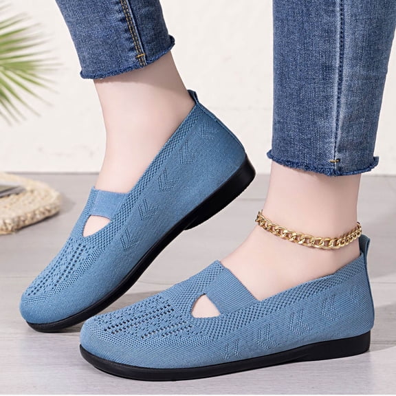 Domzle Women's Woven Orthopedic Breathable Soft Shoes Go Walking Slip on Diabetic Foam Shoes Hands Free Slip in Sneakers Arch Support Blue