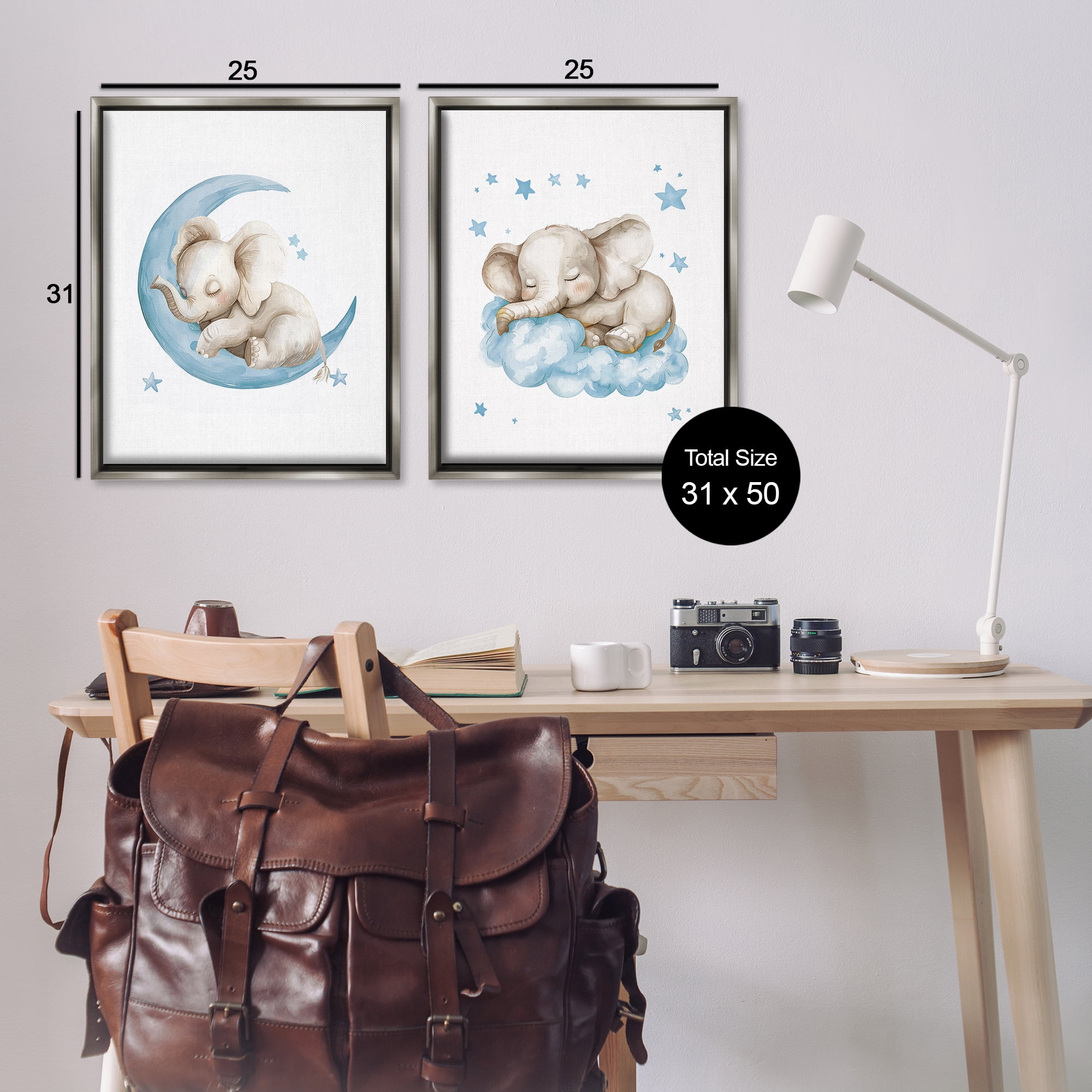 Stupell Industries Blue Sleepy Elephant Animals Painting Gray Floater Framed Canvas Art Print Wall Art, 31 x 25, Set of 2