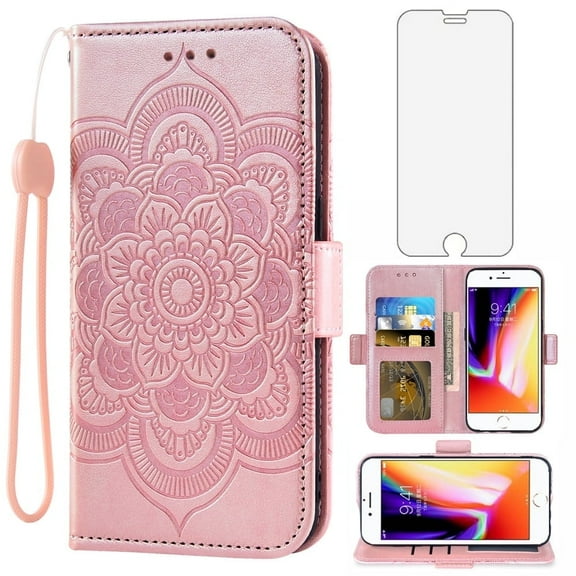 Compatible with iPhone 7/8/SE 2020/2022 Wallet Phone Case and Tempered Glass Screen Protector Flip Credit Card Holder Stand Cell Cover for iPhone7 iPhone8 7s i 2/2nd/3/3rd Generation SE2 SE3 Pink