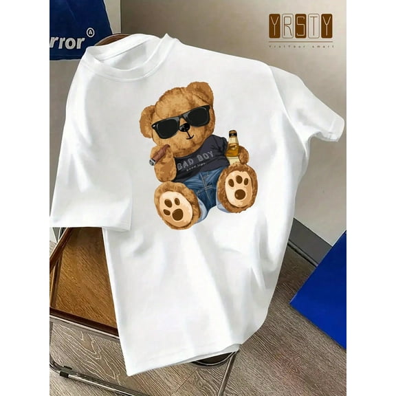 Women's Round Neck Short Sleeve, Bear Graphic Casual T-Shirt, Everyday Wear Graphic Tee