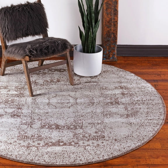 Rugs.com Dover Collection Rug – 8 Ft Round Light Brown Low-Pile Rug Perfect For Kitchens, Dining Rooms