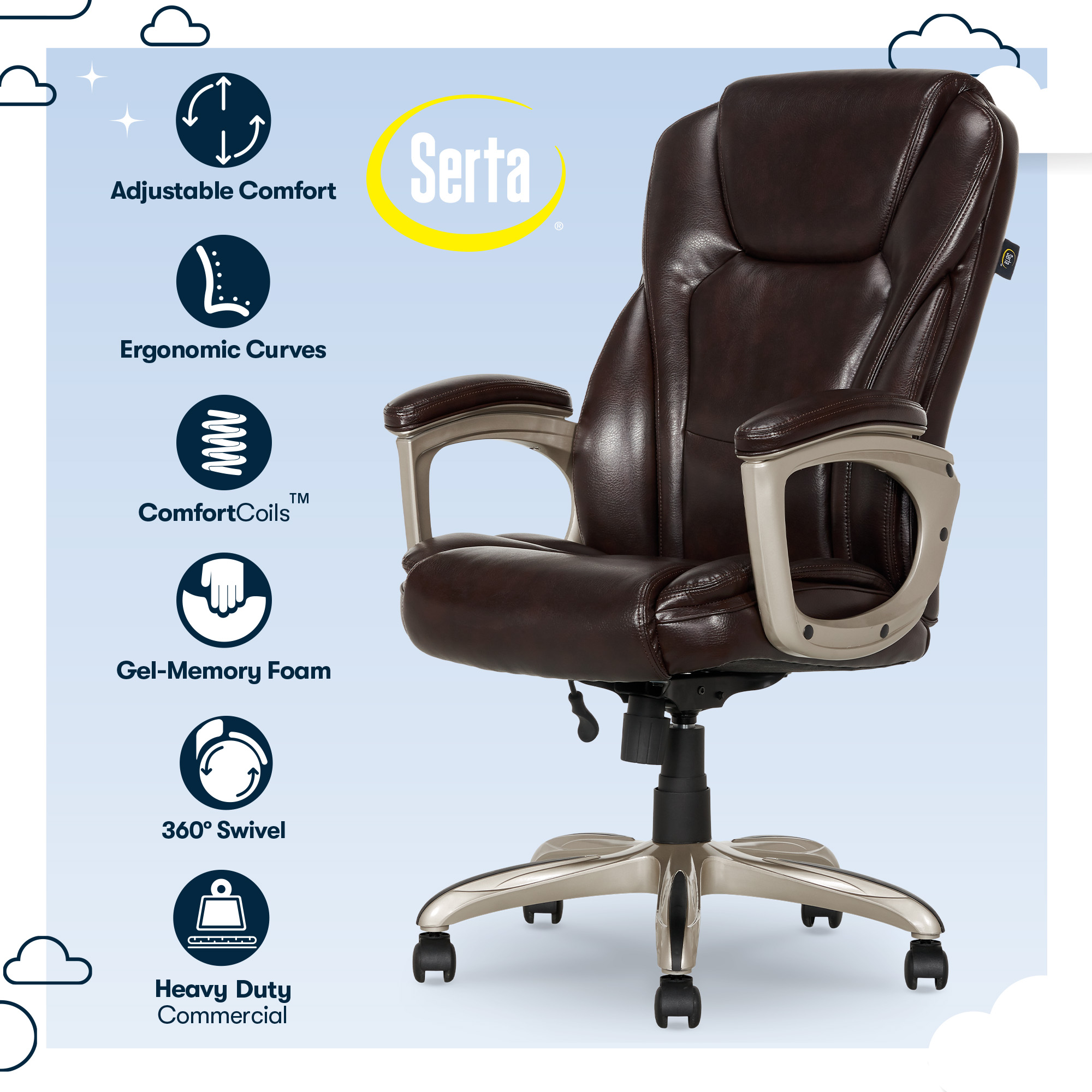 Serta Heavy-Duty Bonded Leather Commercial Office Chair with Memory Foam, 350 lb capacity, Brown - image 3 of 8