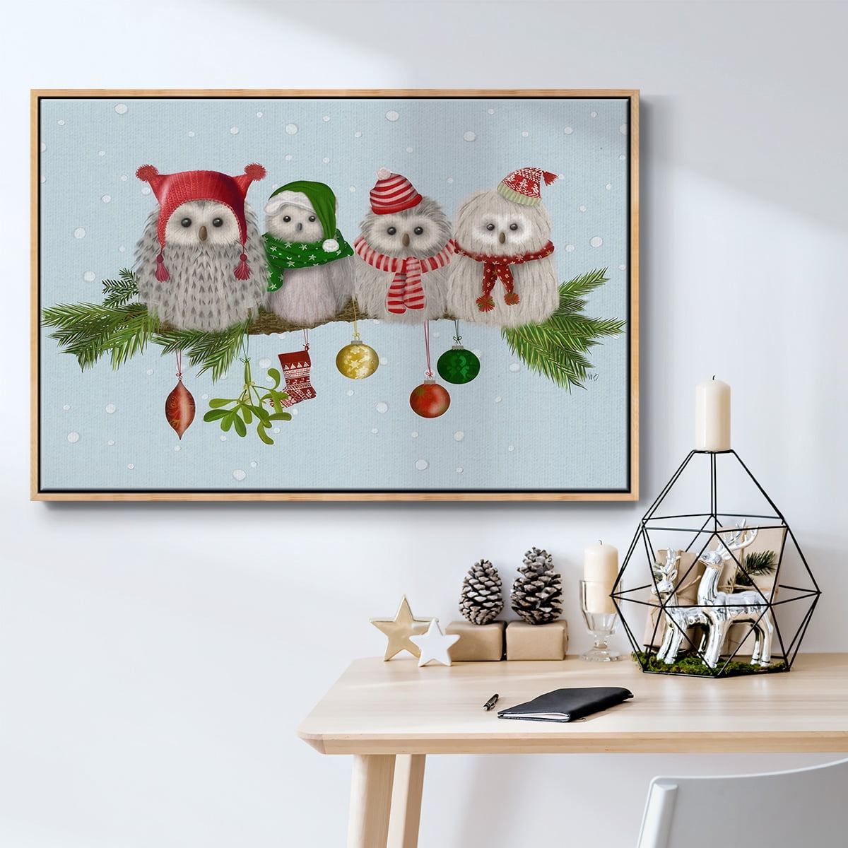 Christmas Fluffy Christmas Owls on Branch - Framed Gallery Wrapped Holiday Canvas - 17 x 25 - Natural Wood Frame