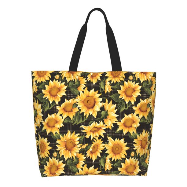 Fotbe Vintage Black Plaid Sunflower Bolsa Tote Estética de Lona con Estampado para Mujer - Bolsa Reutilizable de Hombro Casual para Vacaciones, Compras, Trabajo y Gimnasio