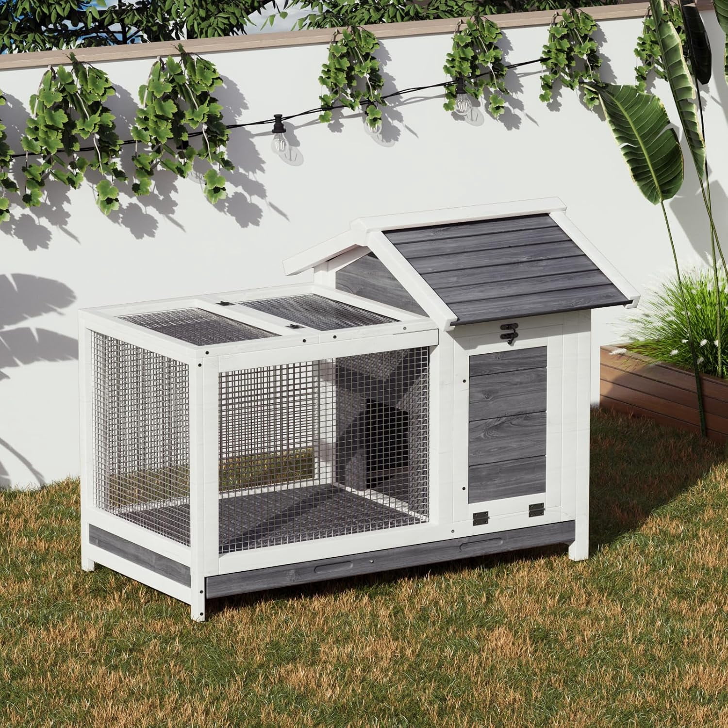 Gaderth Wooden Rabbit Hutch, Indoor/Outdoor Wooden Rabbit Cage with Removable Wire Netting, Weatherproof Bunny Cage with Anti-Chew Metal Frame Ramp for Small Animals
