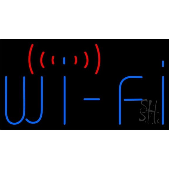 Blue Wifi 1 LED Neon Sign 13 x 24 - inches, Clear Edge Cut Acrylic Backing, with Dimmer - Bright and Premium built indoor LED Neon Sign for Computer & Electronics store decor.
