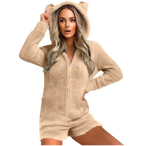 Miqool Womens Fleece Onesies Pajamas Cute Warm Romper Sleepwear One Piece Zipper Hooded Short Playsuit Loungewear