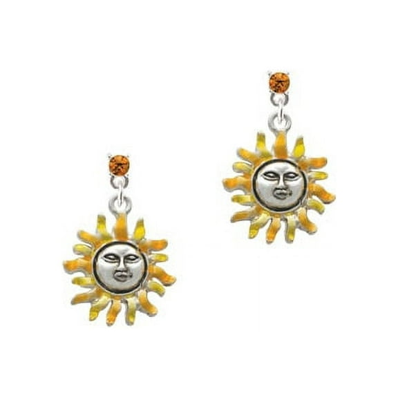 Silvertone Enamel Sun Yellow Crystal Post Earrings