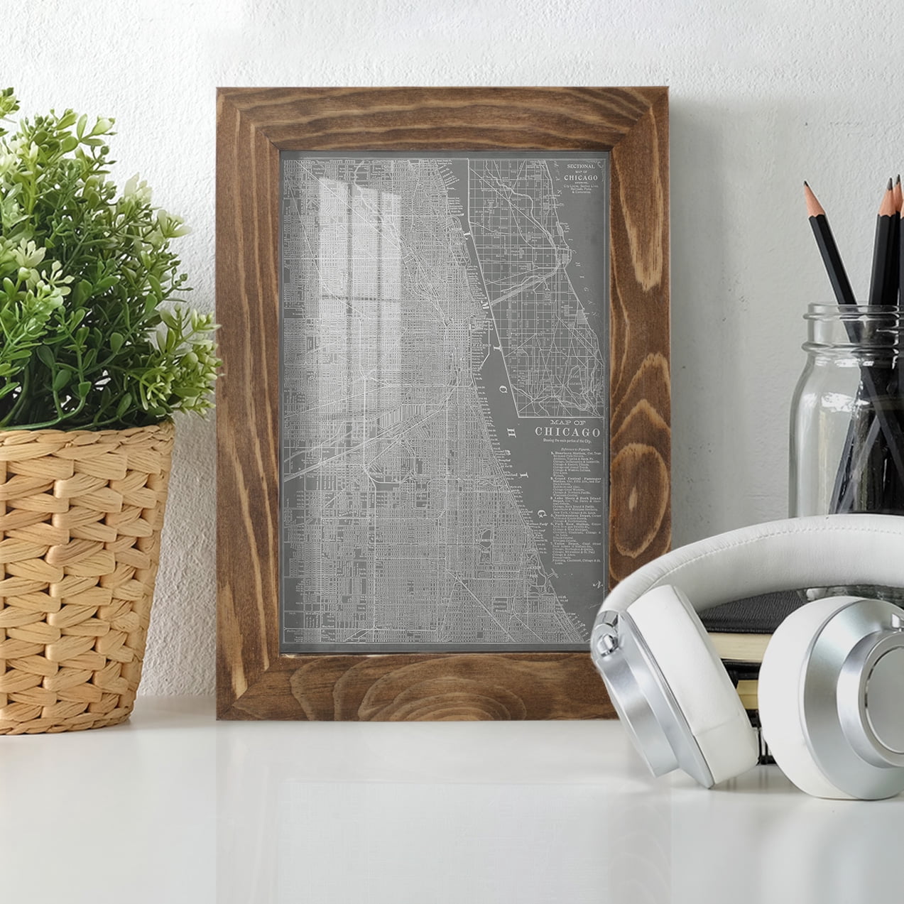 City Map of Chicago -Framed Print w/glass-Walnut