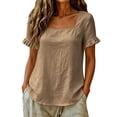 thumbnail image 4 of WRFWUL Womens Cotton Linen Tops Square Neck Short Sleeve Shirts Ruffle Trim Loose Fit Solid Color Blouses Summer Casual Vacation Clothing, 4 of 6