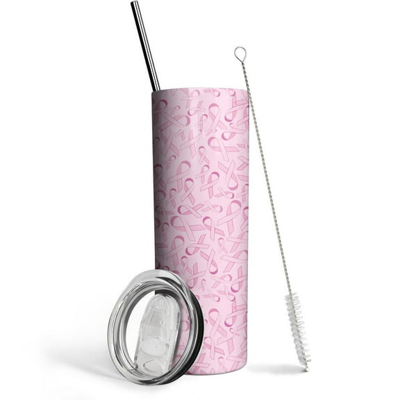 20oz. Pink Ribbon Stainless Steel Tumbler with Lid and Metal Straw - Breast Cancer Survivor Gift - Women's Pink Week Gift