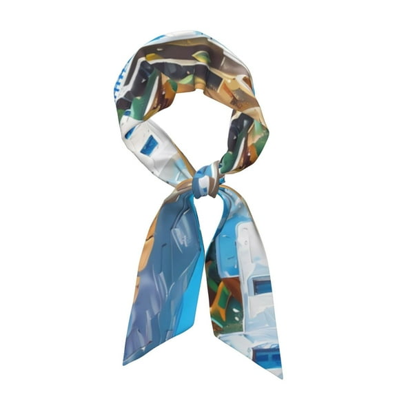 Xecao Greek Island Windmills Painting Pattern Large Satin Head Scarf - Satin Hair Scarves Silk Bandana Scarf Headscarf Silk Feeling Scarf for Women