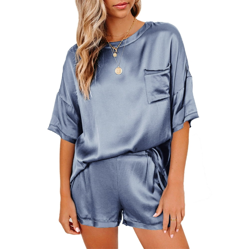 Aunavey - Aunavey Women's Satin Silky Pajama Set Short Sleeve T-shirt
