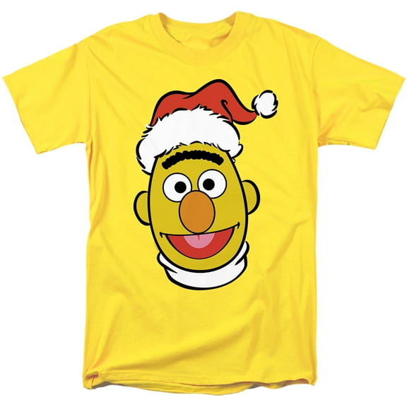 Sesame Street Christmas Santa Hat Bert Face Unisex Adult T Shirt, Yellow, Medium