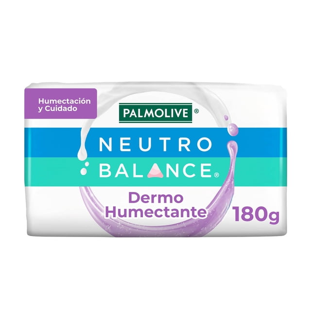 jabón de baño palmolive neutro balance dermohumectante 180 g, barra envuelta con logo Palmolive, franja azul y verde y texto 'Neutro Balance' y 'Dermo Humectante', gráfico de gota y oleada morada y peso 180 g visible; apto como jabón corporal diario.