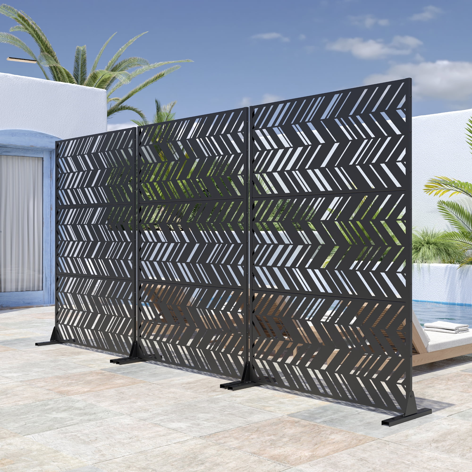 MAYEERTY 72"x47" Outdoor Privacy Screen with Stand Christopher Metal Balcony Decorative Screen,Black