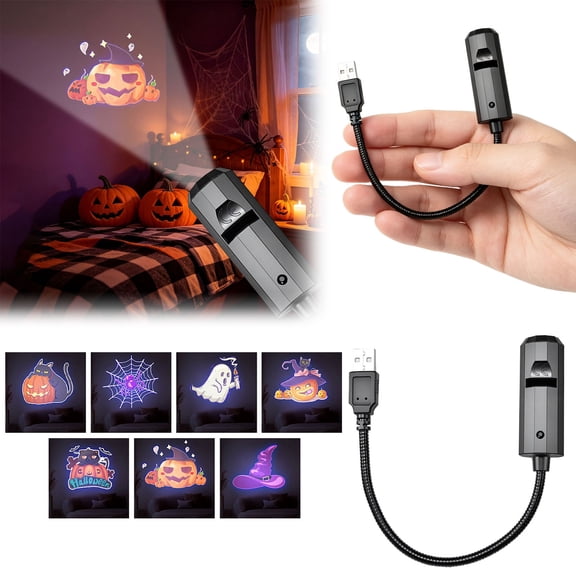 USB Halloween Projector Light with multiple Replaceable Slides, Flexible LED Holiday Projection Lamp for Indoor Home Decor and Car Window Display