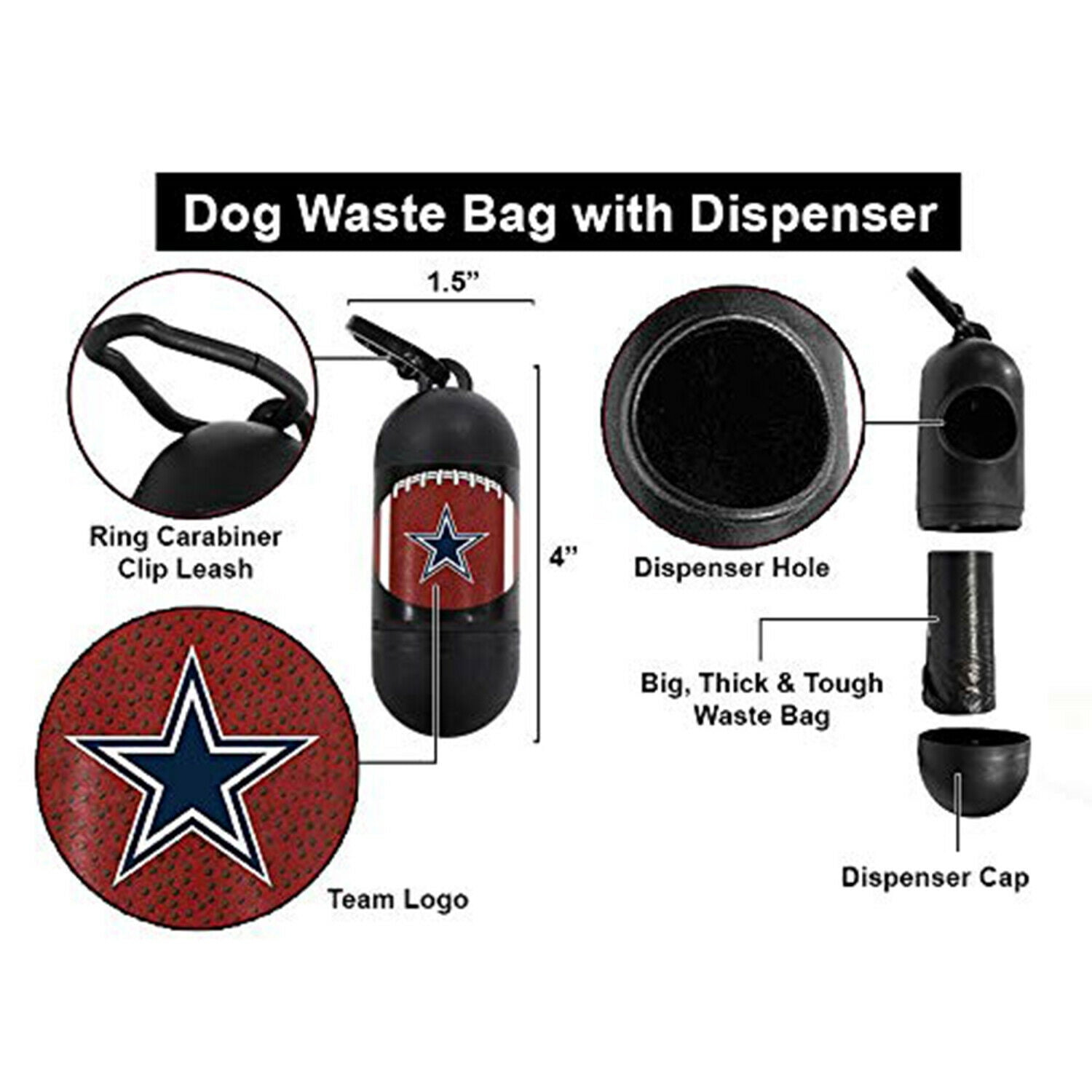 NFL DALLAS COWBOYS Durable LICENSED Poop Waste Bag Dispenser & Leash Clip with 15 Premium Dog Waste Bags