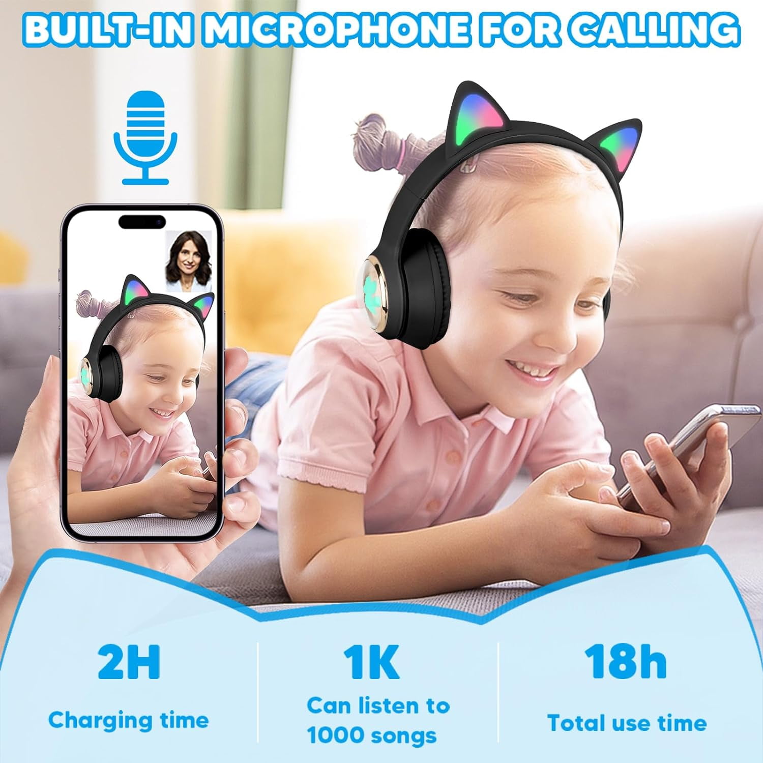 QearFun Cat Headphones for Girls Kids for School, Kids Bluetooth Headphones with Microphone & 3.5mm Jack, Teens Toddlers Wireless Headphones with Adjustable Headband for Tablet/PC Black