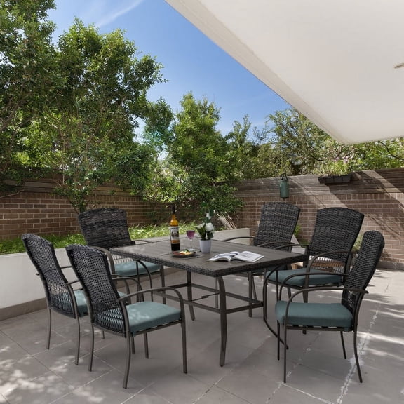 Brown 7-Piece PE Wicker Outdoor Dining Set with Green Cushions