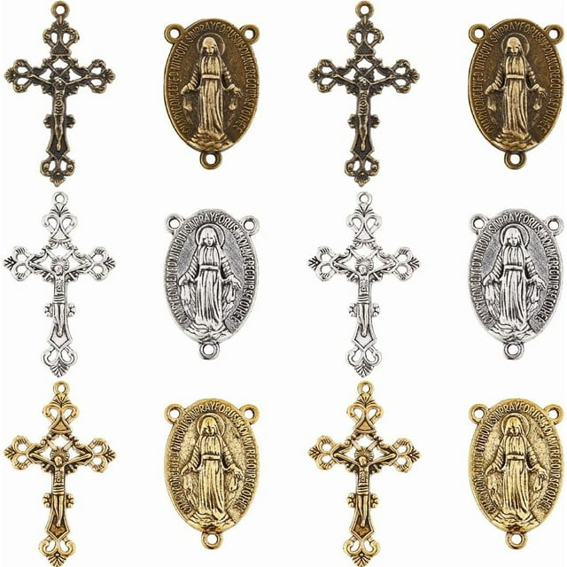 1 caja de 60 piezas de dijes de rosario en 6 estilos: dije de crucifijo, dije de Pascua, colgante ovalado para candelabro, en plata, oro y bronce.