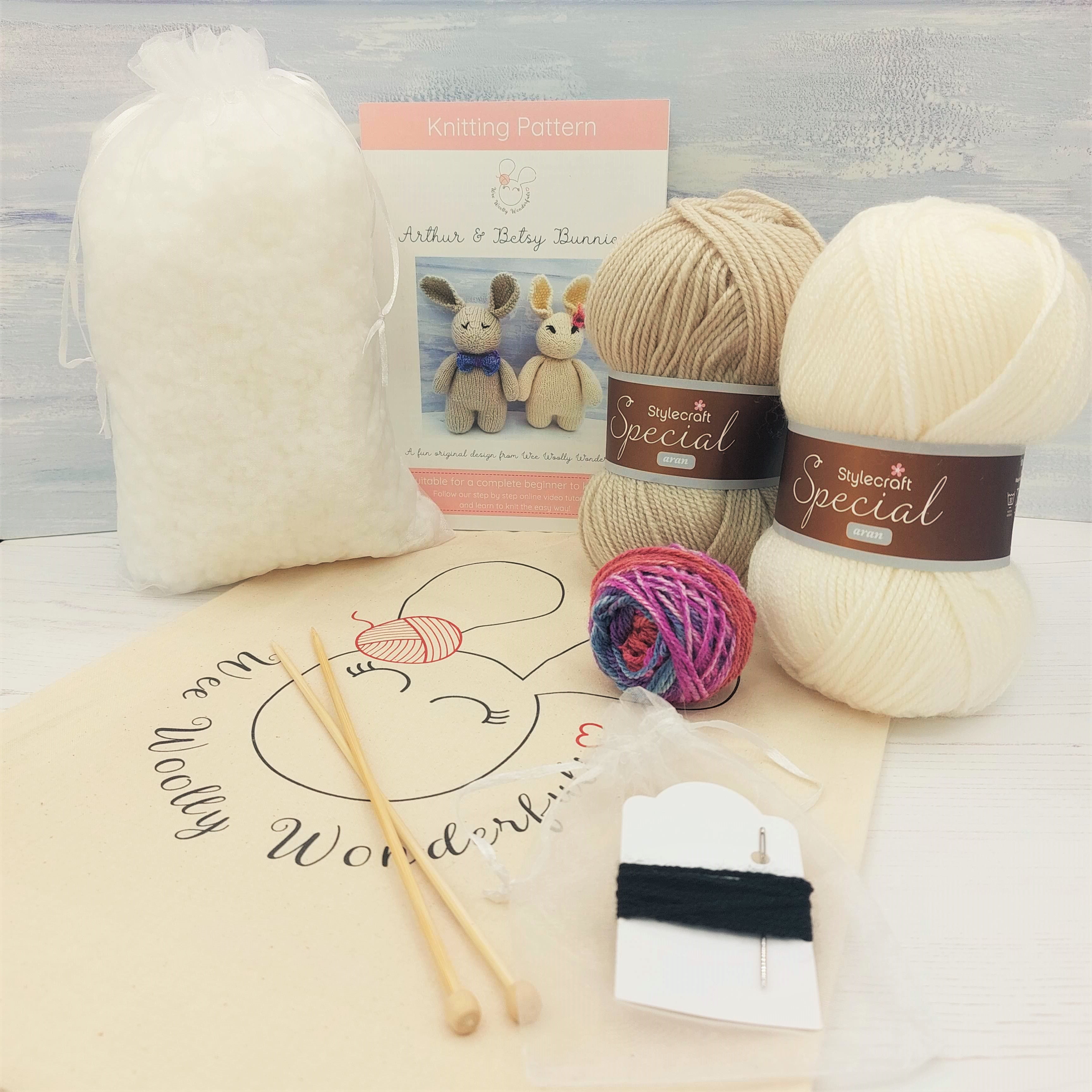 Complete Beginners Knitting Kit Arthur & Betsy Bunny Kit - Learn to knit with step by step video tutorials